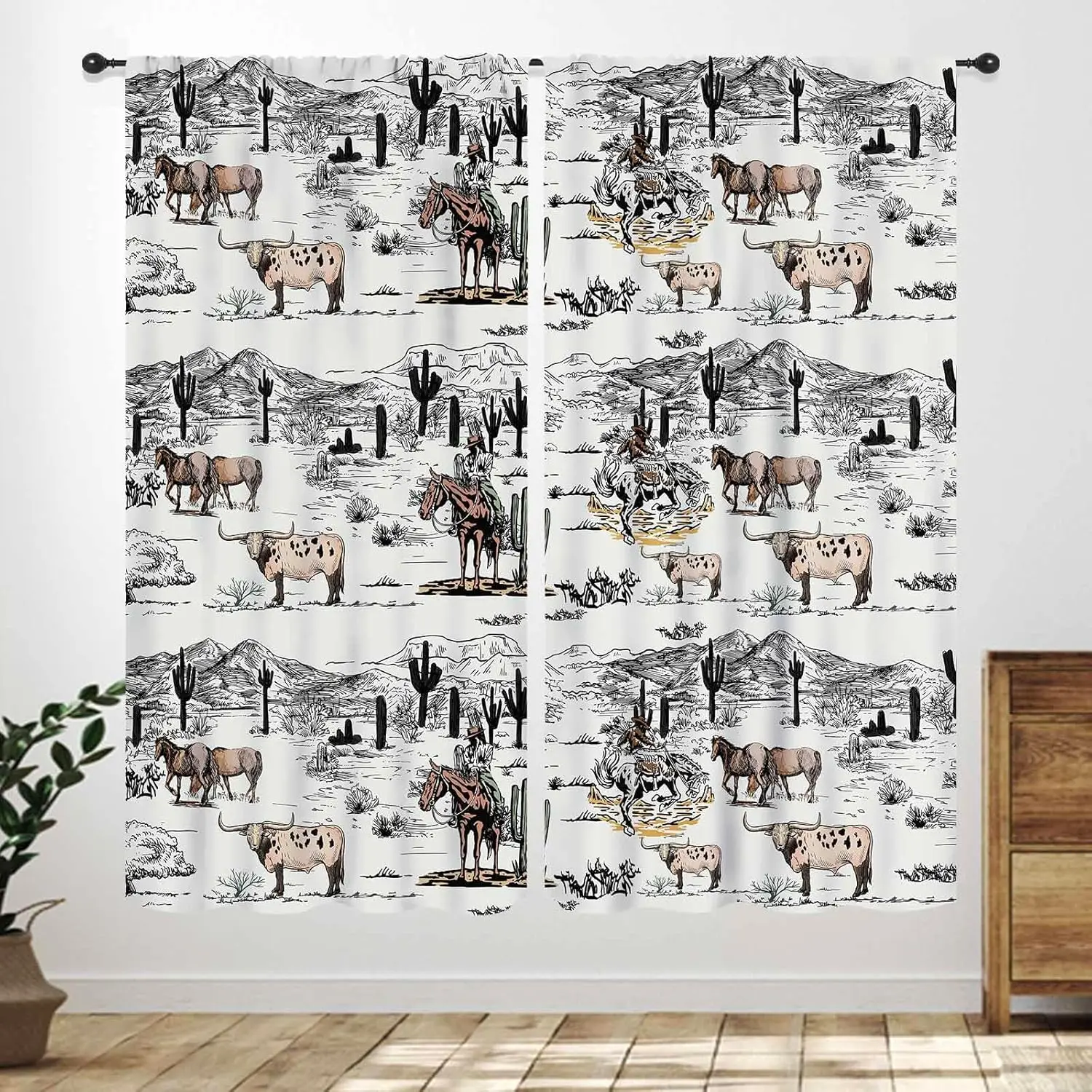 Western Cowboy Curtains,Wild West Cowboy Ride Horse Cactus Window Drapes Treatments for Bedroom,Farmhouse Country American West