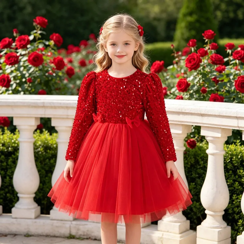 Girls Red Sequin Long Sleeve New Year Dress Kids Tulle Pageant Gown Toddler Birthday Party Christmas Performance Dress ZD36