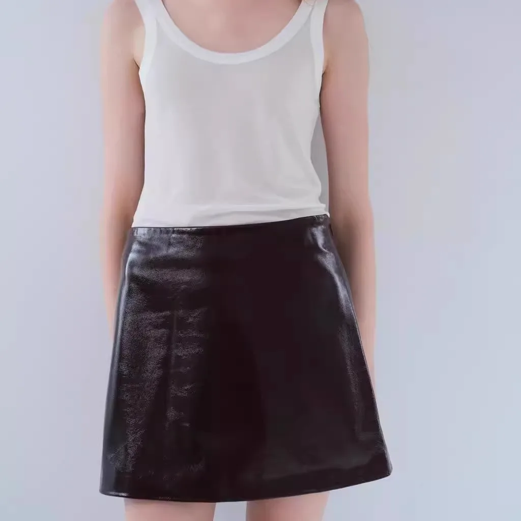 

New Autumn Women's Long Sve Collared Mid-Length Leather Jaet Simple ort Skirt Street Sle Loose Fit Zipper Closure