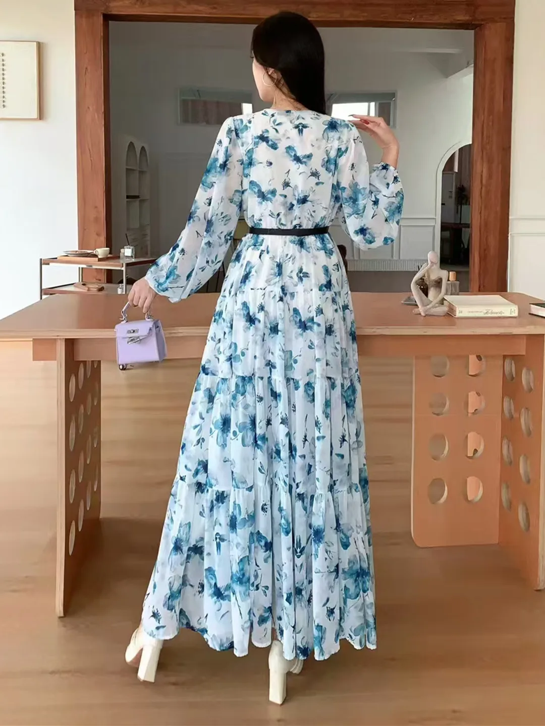 chiffon dress with belt Blue-Yellow Ombre Pleated Belt Chiffon Maxi Dress