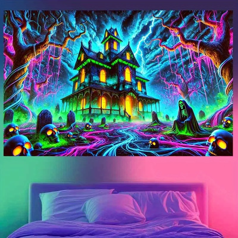 VIKAMA Halloween Dark Night Castle Tapestry Lightning Cemetery Gothic Architecture Bedroom Escape Room Dark Style Decorations