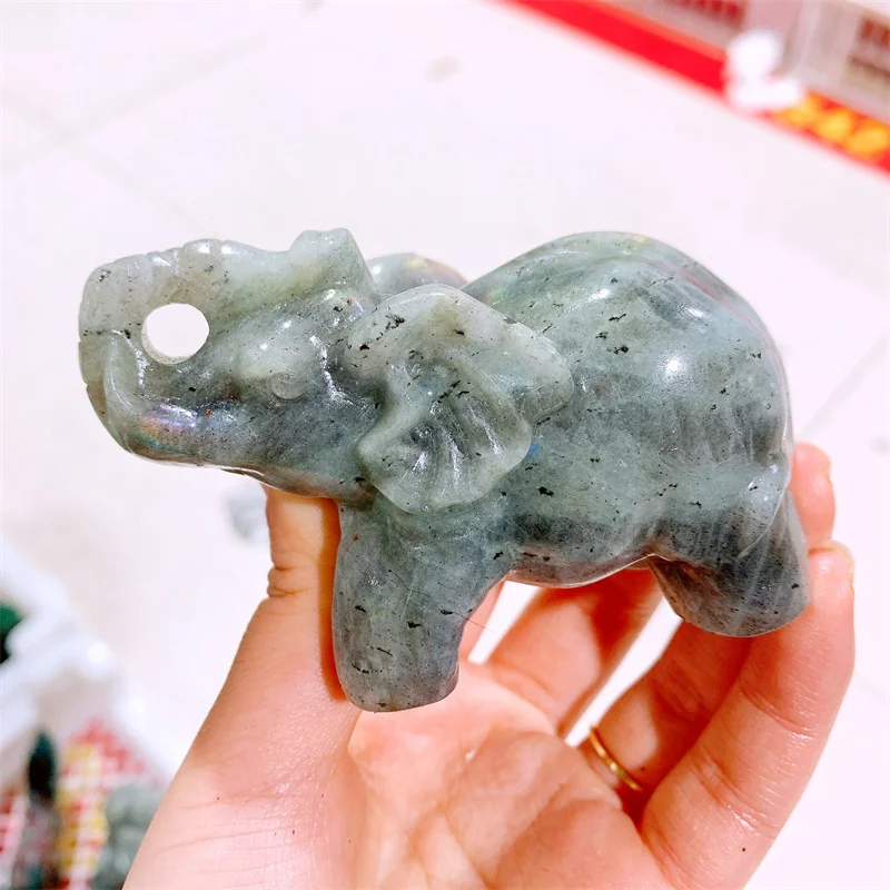 Natural Labradorite Hand Carved Elephant Statues Crystal Animal Cute Carving Figurine For Christmas Gift 1pcs