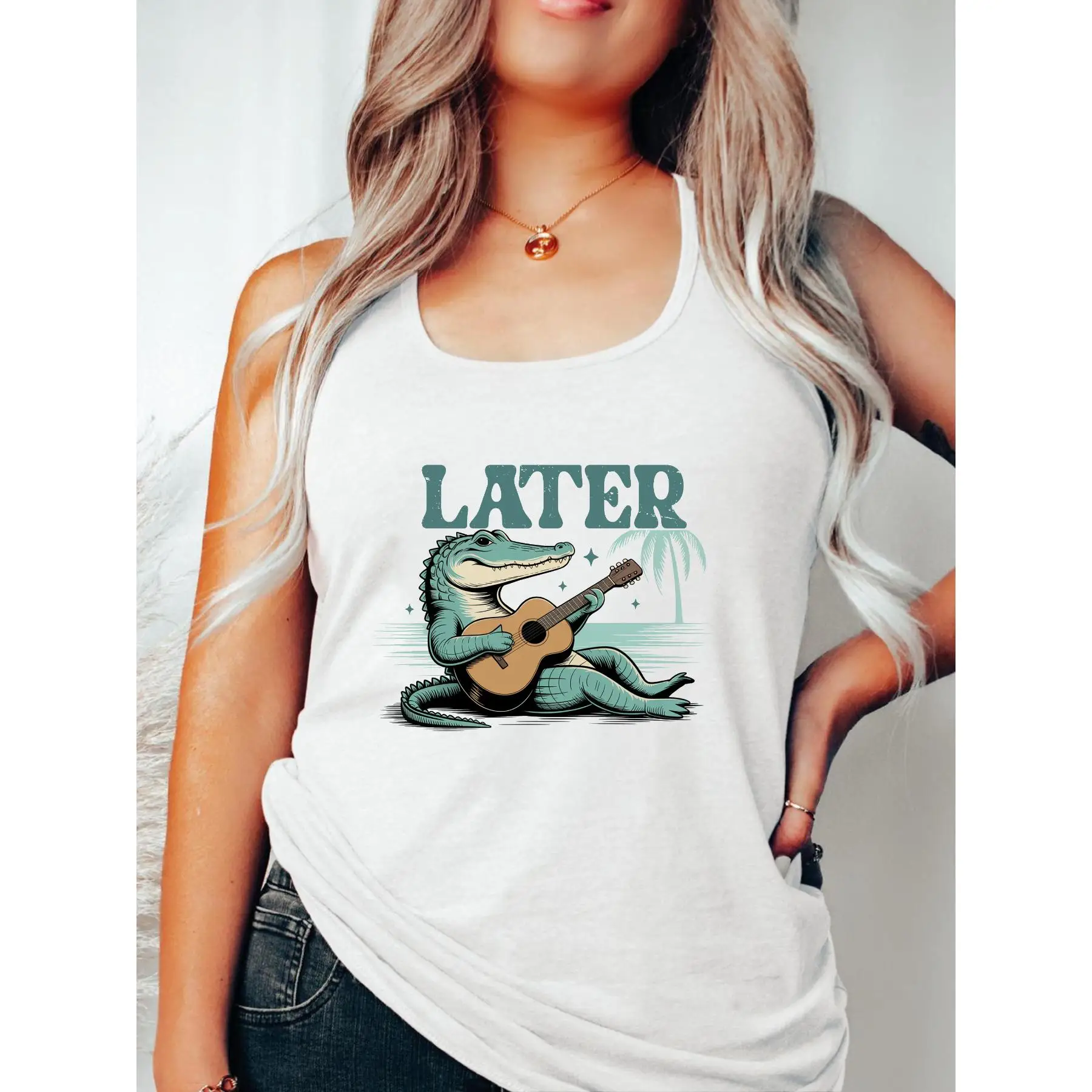 

Later Alligator T-shirt for Women Funny Slogan Tee Crocodile Playing Guitar Graphic Top