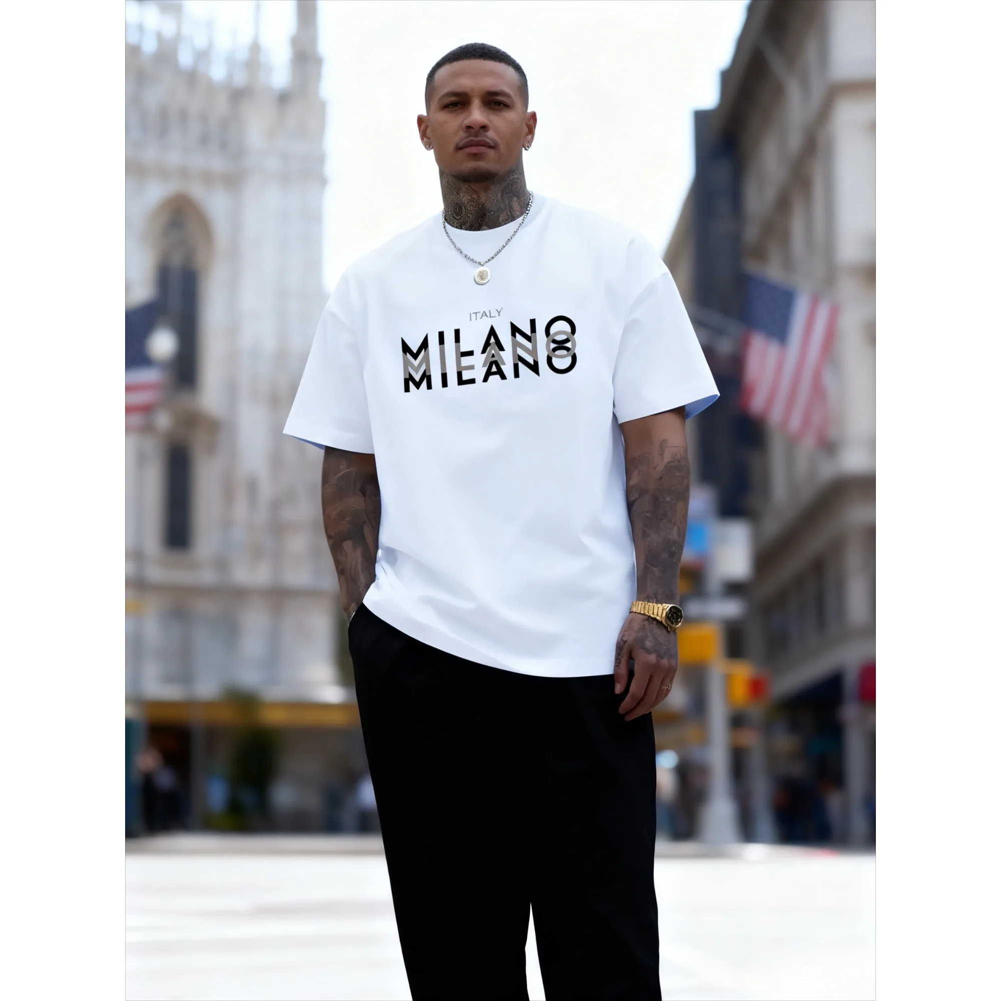 

Летняя мужская повседневная футболка свободного кроя из 100% чистого хлопка больших размеров, удобная футболка с круглым вырезом и короткими рукавами с принтом MILANO, топ
