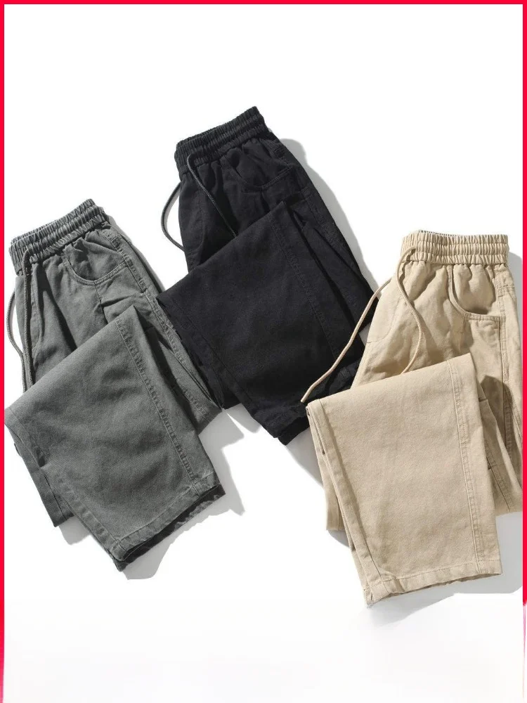 

Retro Japanese Sle High Weight Waed Cotton Men's Loose Wide Leg Casual Pants Elastic Waist Tapered Pants Autumn Wear