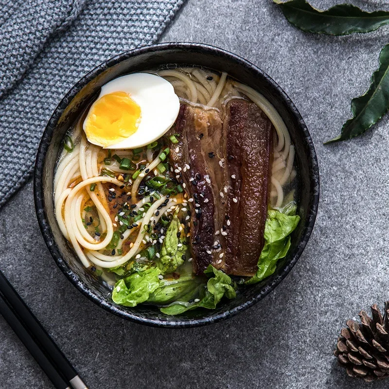 LingAo cuenco de fideos engrosado con esmalte de horno retro creativo japonés, tazón de sopa