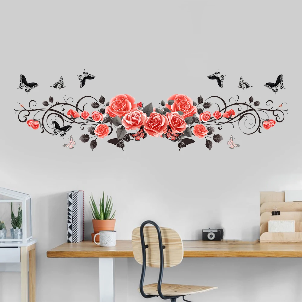 Botanical Rose Flower Floral Vine Butterfly Wall Stickers Decals Romantic Wedding Memorial Day for Bathroom Bedroom Living Room