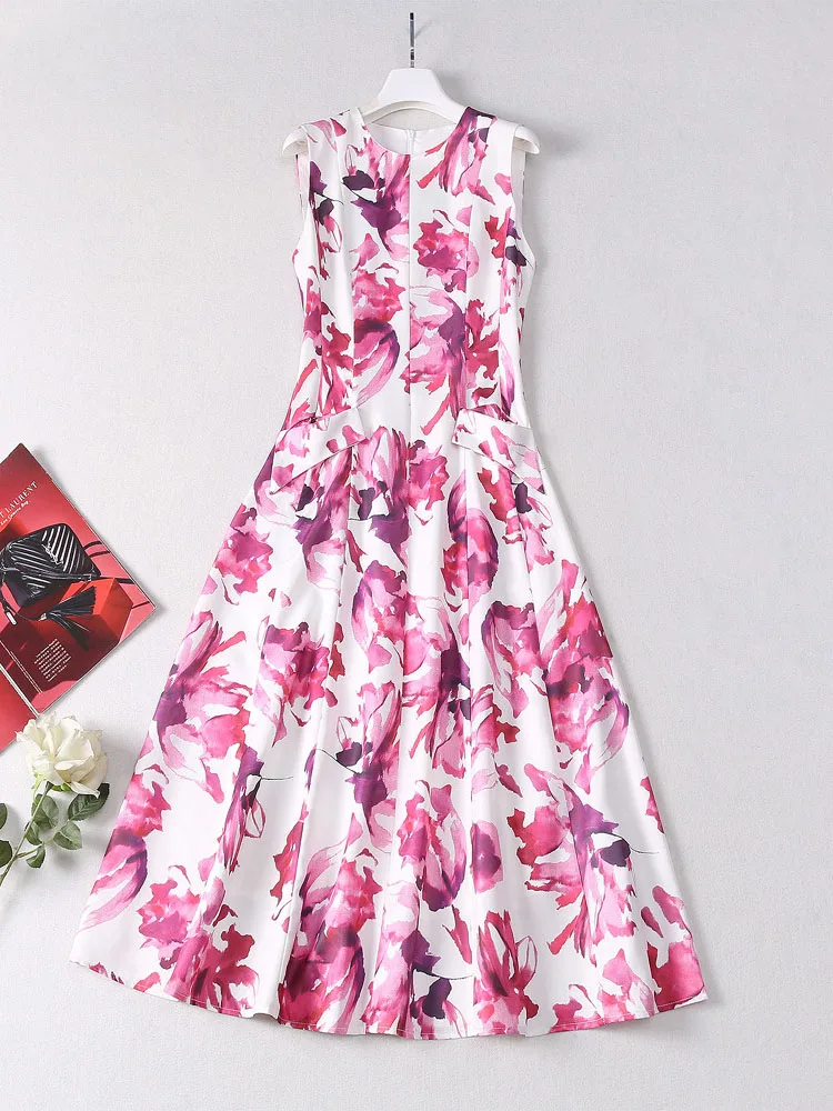 

Fashion Runway Dresses Summer Women O-Neck Sleeveless Elegant Retro Printing Midi Vestidos Sliming Lady