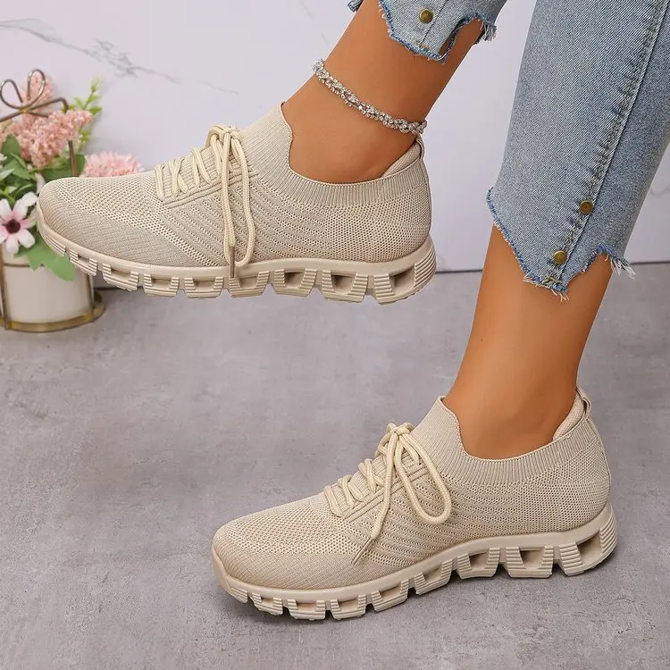 Atmungsaktive Damen-Strick-Sneaker mit Schnürung, Leichte Laufschuhe, Rutschfest und Bequem für Laufen, Fitness, Alltag und Freizeit