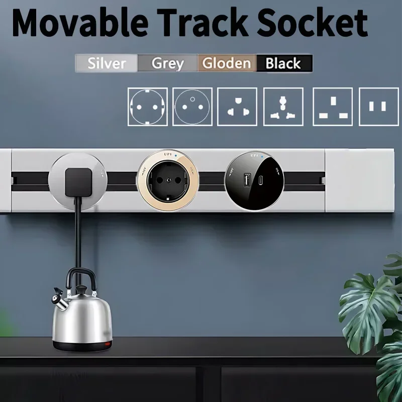 Movable Electric Extension Rail Sockets,Power Track Socket With USB UK EU US Standard,Concealed Hidden Wall Kitchen Outlets