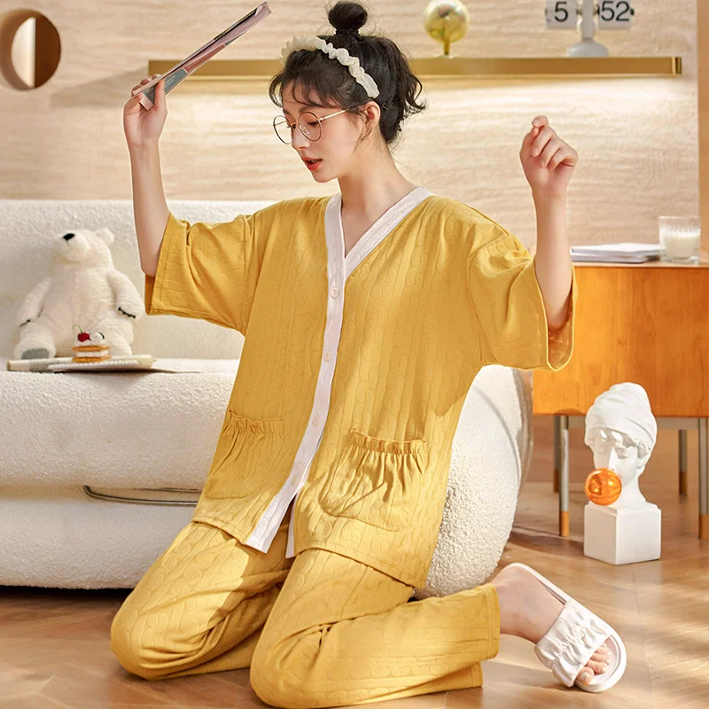 Spring and summer knitted cotton jacquard cardigan V-neck short sleeve trousers women's pajamas casual sweet teenage loungewear