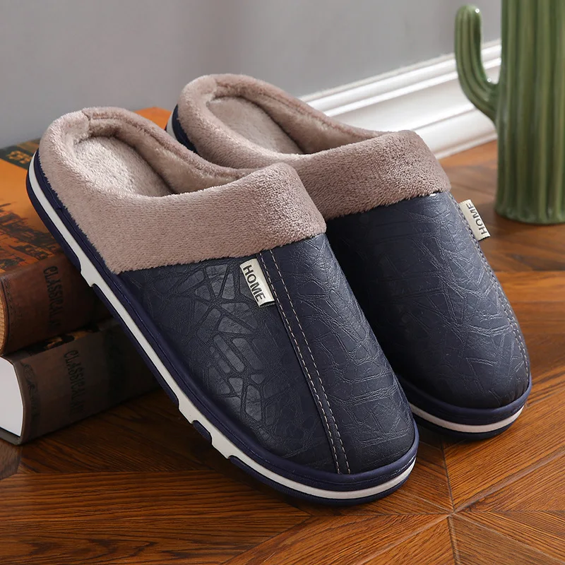 

Men's Big Size Winter slippers Indoor PU Leather Home Waterproof Fluffy Casual Slides Men Bedroom Comfy Shoes Houseshoes