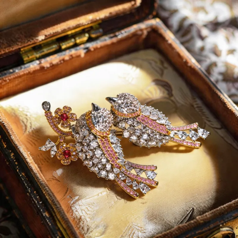 Copper Base Gold‑Tone Plated Zircon Twin‑Bird Brooch Elegant Wedding Lapel Pin Fashion Jewelry Accessory for Women