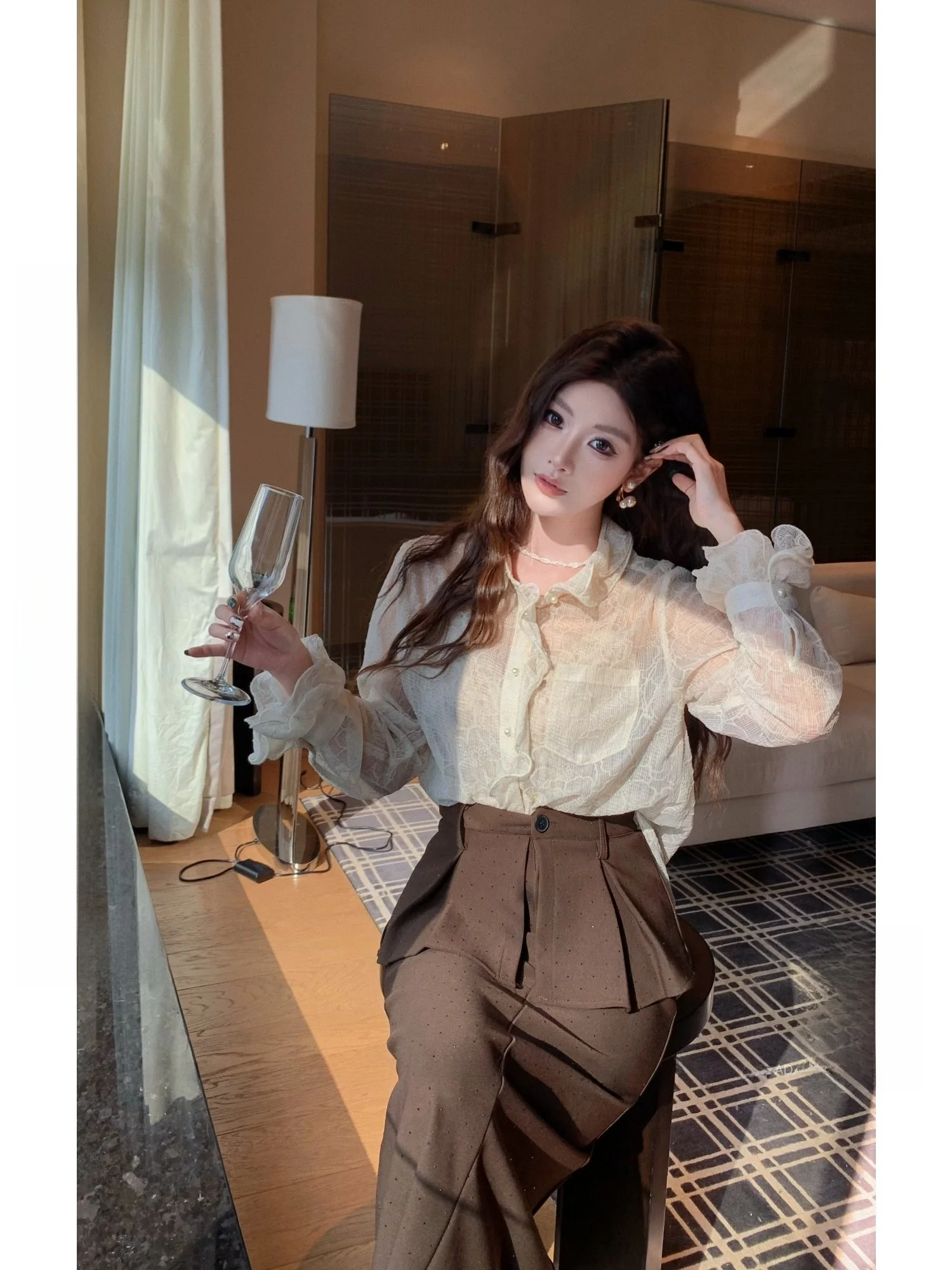 

New Dadada Women's Lace Shirt Ultra-Cool Sunscreen Fashionable Top Breathable Casual Style Long Sleeve Flip Collar Regular Fit