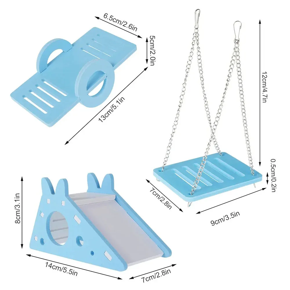 3Pcs Hamster Play Toy Blue Seesaw Ladder Parrot Small Swing Hanging Chain Easy Assembly Hamster Toy Set Hamster Cage Accessories