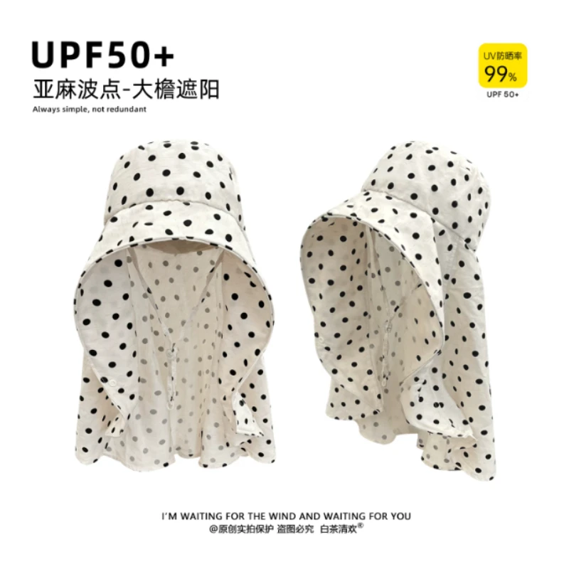 Korean Linen Polka Dot Neck Shawl Integrated Bucket Hat Unisex Traveling Large Brim Fisherman Cap Outdoor Sunshade Sun Hats