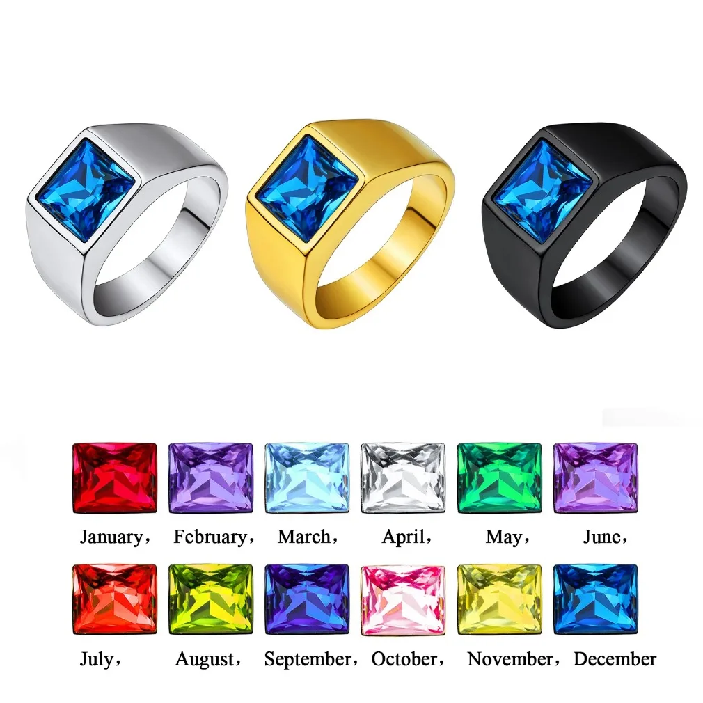 U7 Men Personalized Signet Rings Stainless Steel Ring with Rectangle Gemstone Birthstones Size 7-14 Gift for Him Dad Father