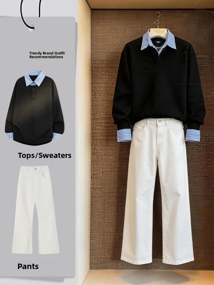 

Cool Casual High-End Men's Faux Two-Piece Sweatirt Set with Straight Leg Jeans Faionable Spring Outfit for Teens