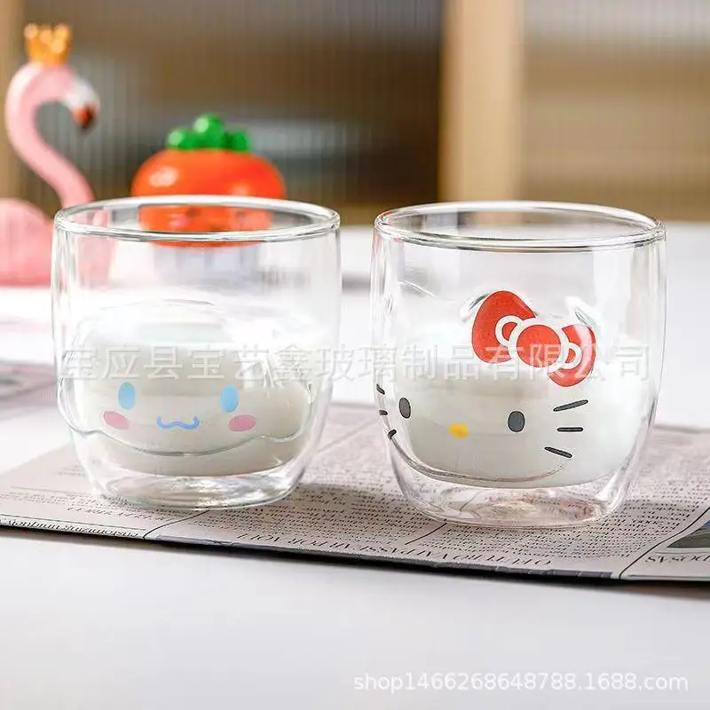 애니메이션 만화 산리오 헬로 키티 마이 멜로디 Cinnamoroll 더블 레이어 투명 유리 패션 새로운 아침 식사 우유 컵 커피 컵