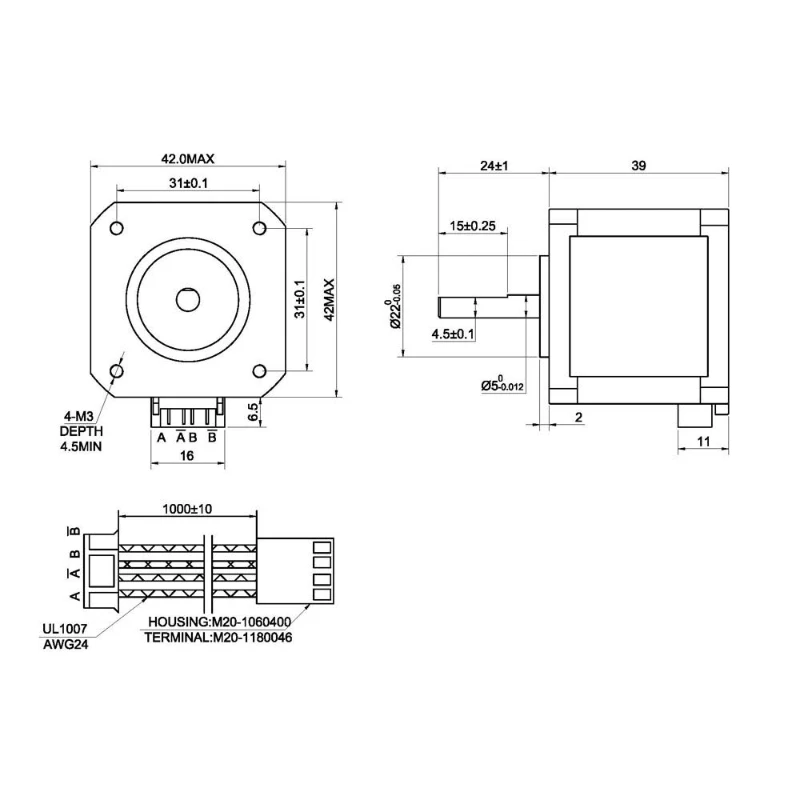 Nema 17 Stepper Motor 1.5A 63.74oz.in  39mm Body with 1m Cable and Connector for DIY CNC/ 3D Printer