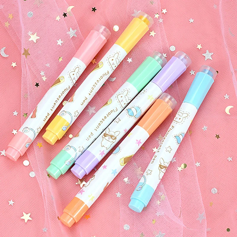 6pcs/set Cute Little Rabbit Highlighter Set for Students with Marker Pen Morandi Color Marker Stroke Key Highlighter Stationery