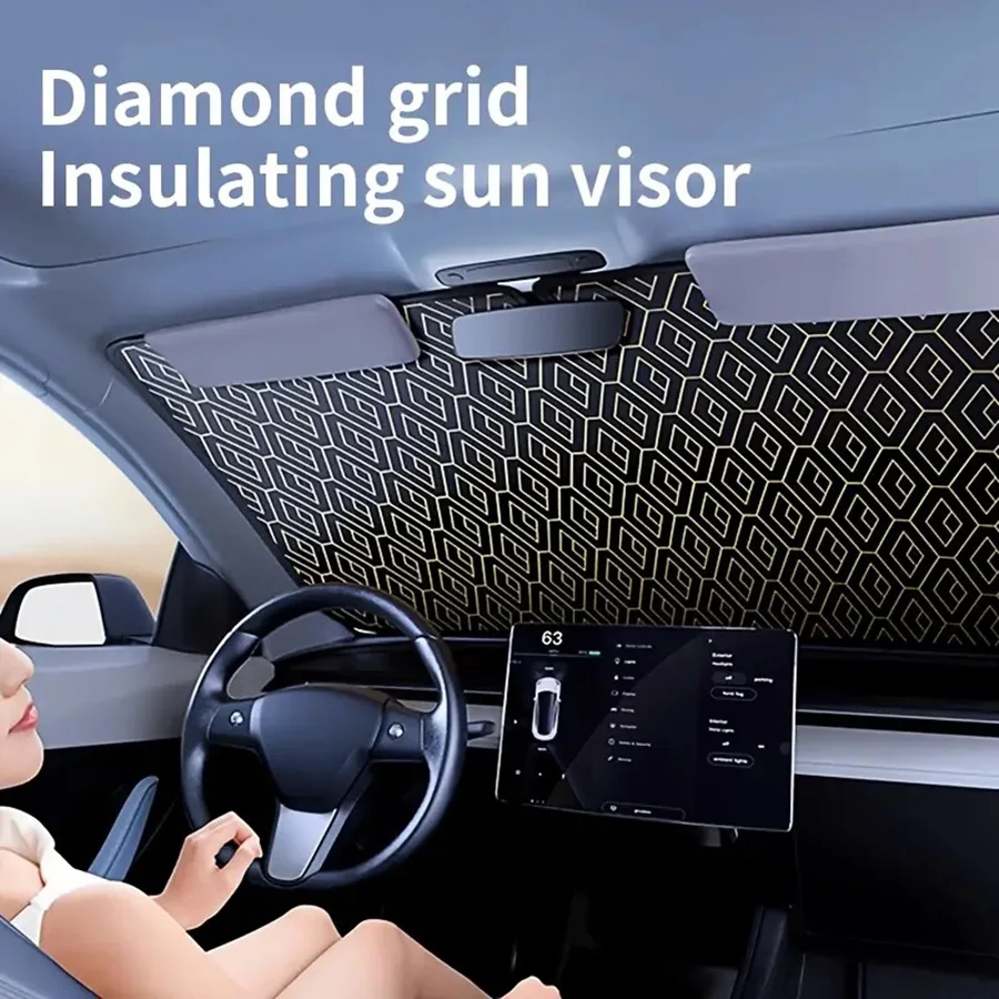 Grid Texture Sunshade Front Sunshade Heat Reduction Titanium Silver Alloy Rolled up Closure Suitable for Various Car Models