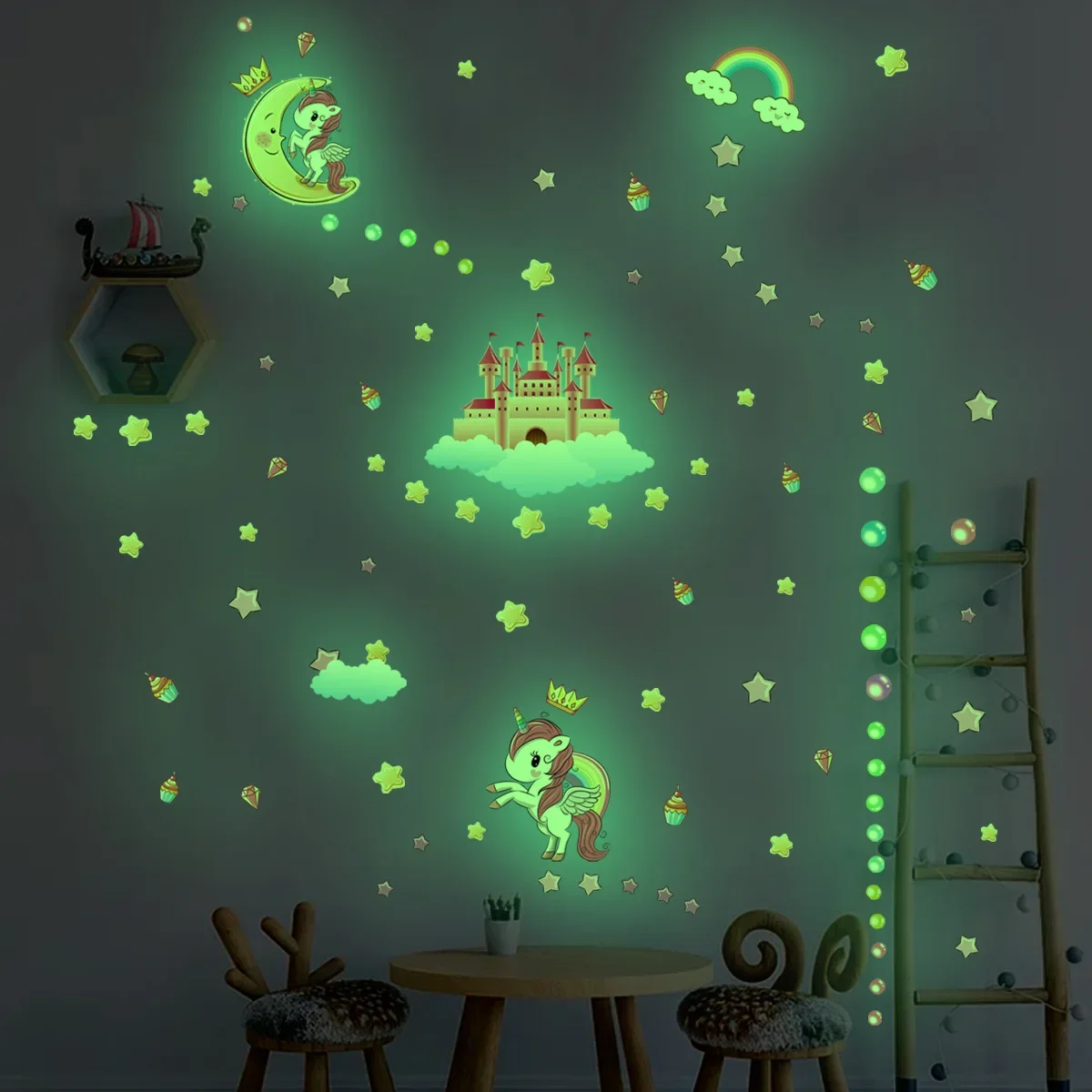 Unicorn Moon Star Cartoon Wall Decal Paper Bedroom Living Room Glow Decal Room Decoration Wall