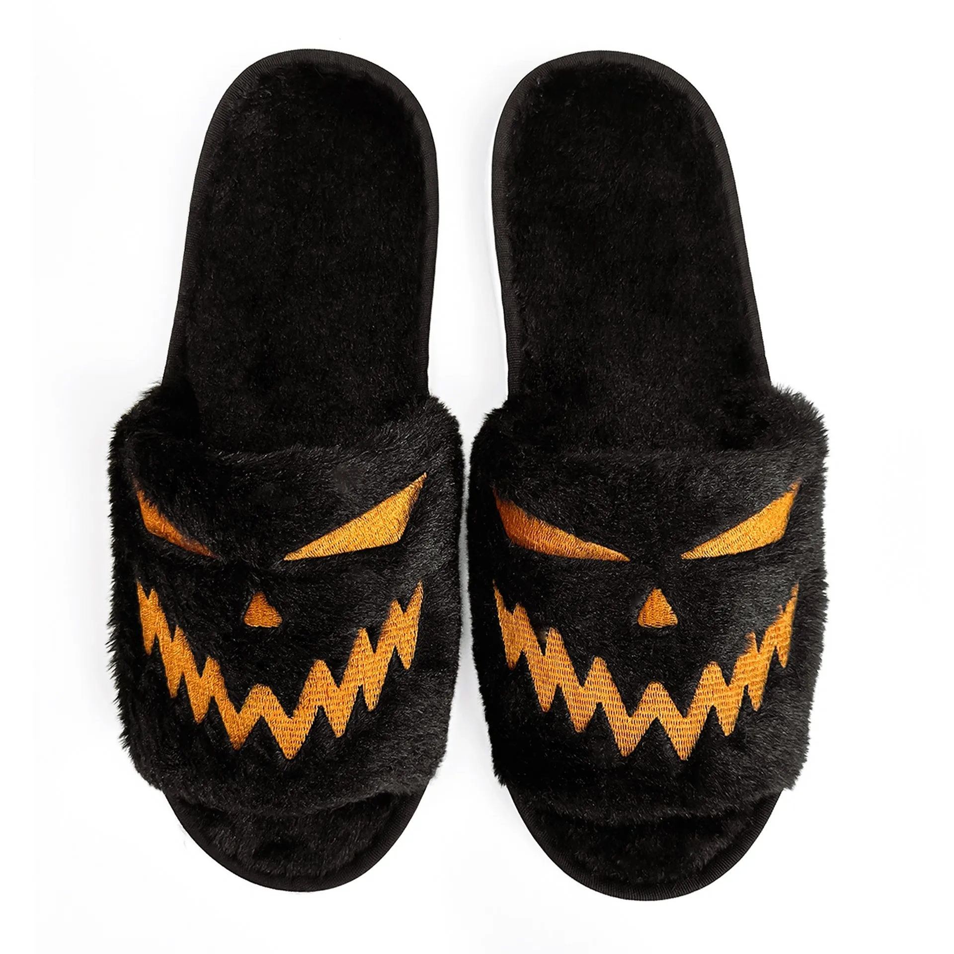 

Нечеткие тапочки с милым мультяшным принтом тыквы, туфли без шнуровки на мягкой подошве, нескользящая обувь с открытым носком, уютная плюшевая домашняя обувь для Хэллоуина