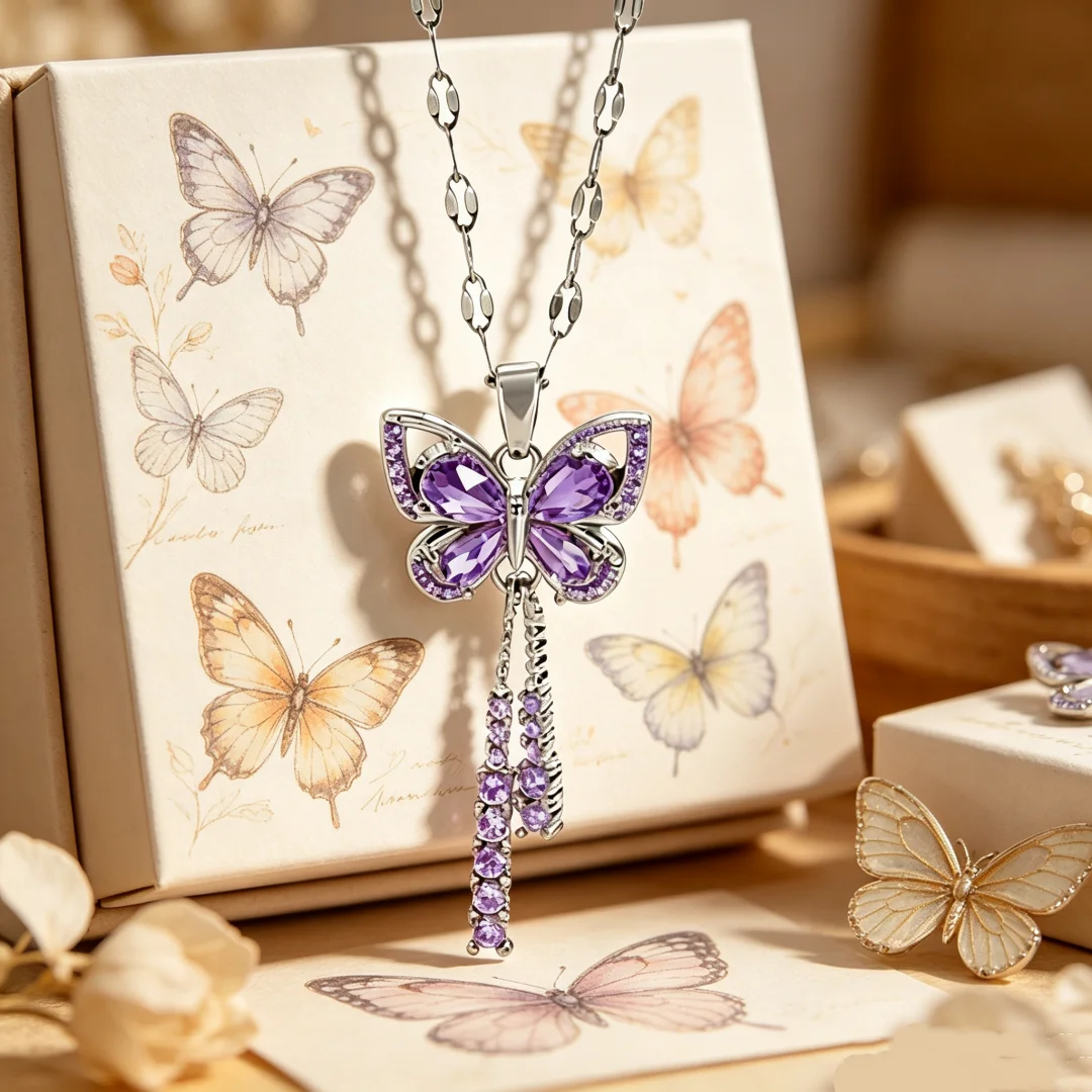 Exquisite Micro Inlaid Zircon Butterfly Tassel Necklace with Titanium Steel, Perfect Gift for Fashion-forward Women