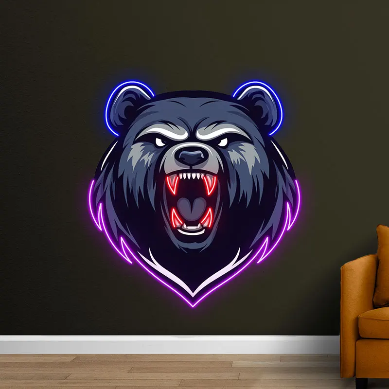 Fierce Neon Bear Head LED Wall Light – Bold and Eye-Catching Wall Decor for Game Room, Man Cave, Bar & Sports Fans, Unique Gift