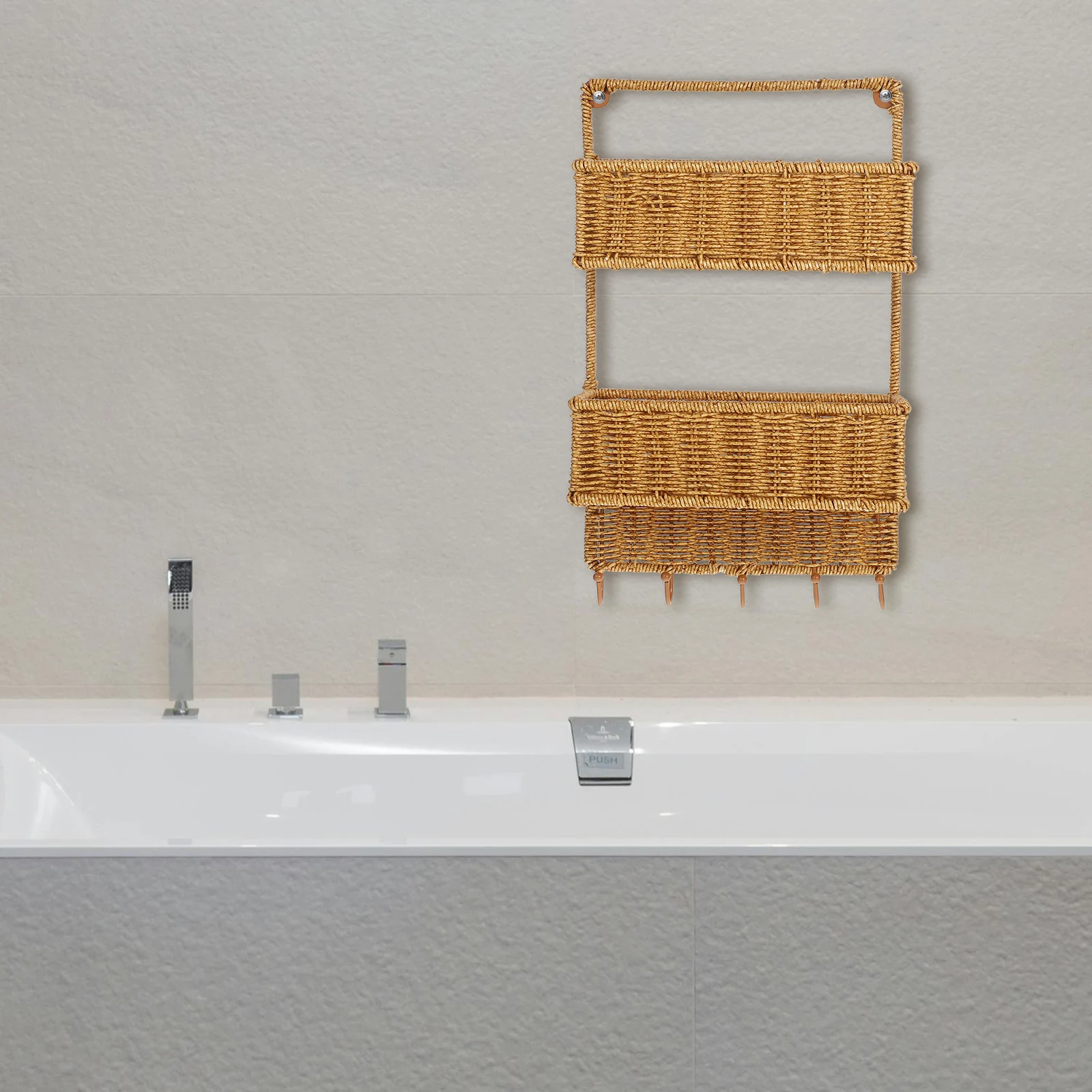 

1pcs Wall Mounted Storage Rack for Bathroom Kitchen No Drill Multi Layer Hanging Basket Light Brown Plastic Organizer