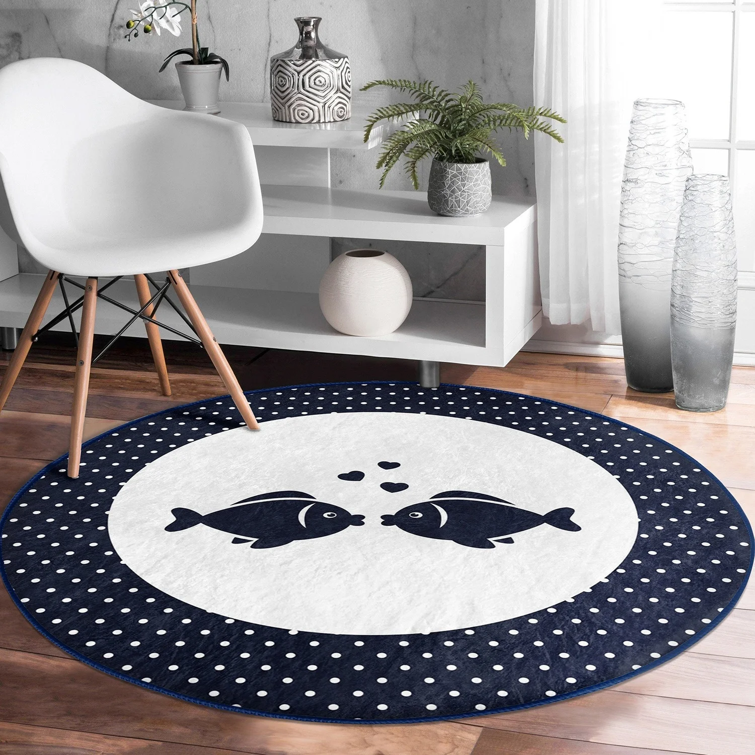 Nautical Round Carpet, Non-Slip Round Carpet, Anchor and Wheel Round Carpet, Fish and Boat Pattern Area Rug, Coastal Home Decor Multifunctional Mat