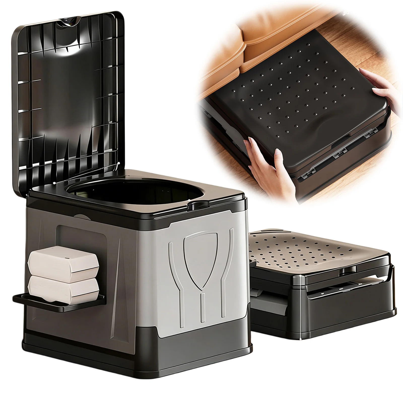 Folding Collapsible Toilet with Paper Holder & Lid Travel Toilet Reusable for Camping Travel Outdoor Car RV & Emergency Use