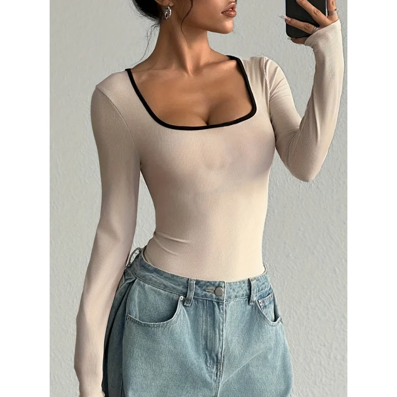 Women'S Sexy Slim-Fit U-Neck Jumpsuit - Long Sleeve Solid Color All-Season Elegant Outfit, Chic & Comfortable view 4