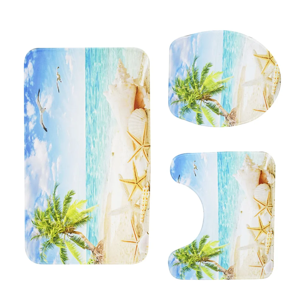 

3 Piece Printed Bathroom Mat Set Toilet Seat Lid Cover Non-Slip Toilet Rug Set High Water Absorption Soft Floor Mat for Washroom