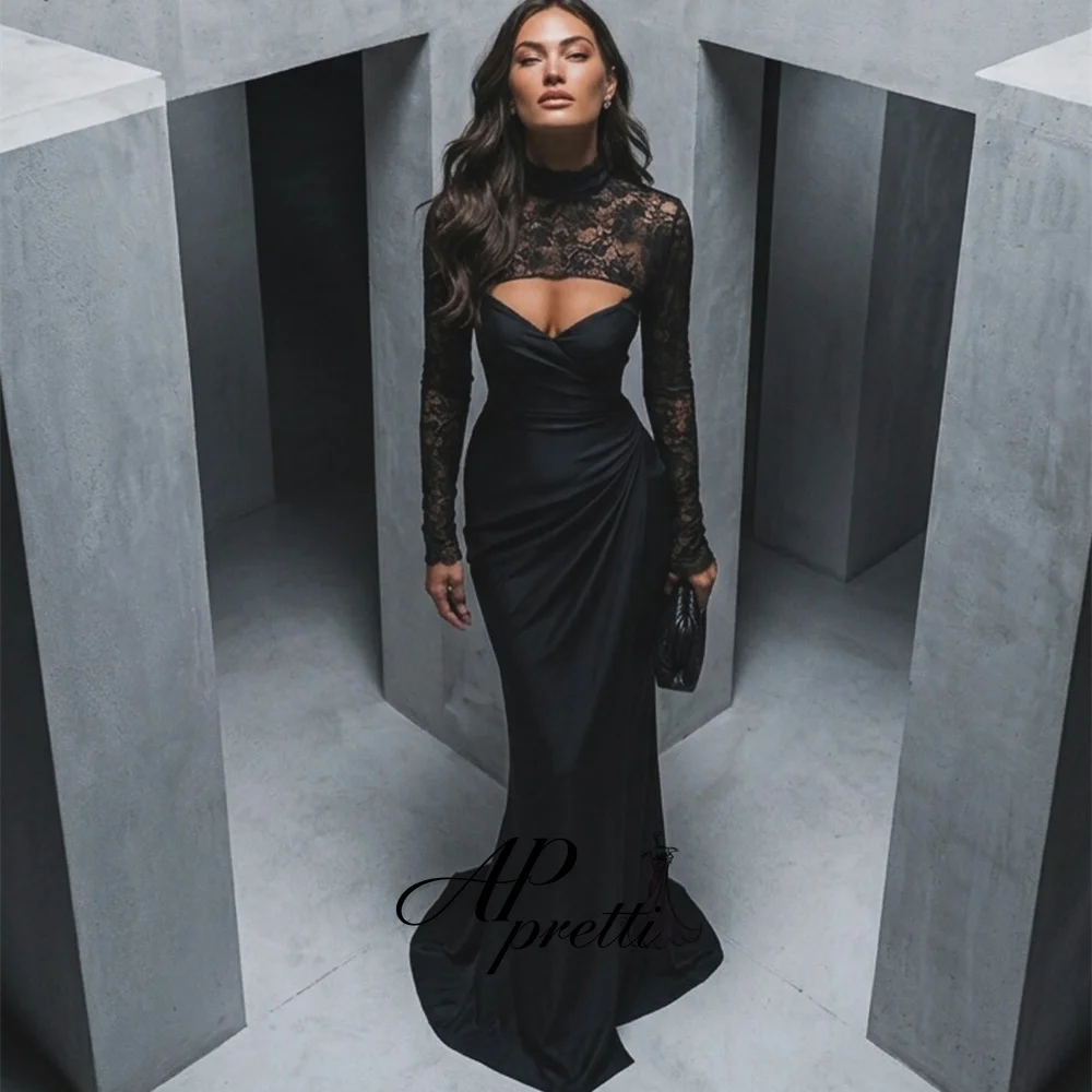AP pretti Modern Black High Neck Mermaid Reception Dress Long Sleeves Lace Formal Celebrity Gowns Side High Slit Customized ﻿ ﻿