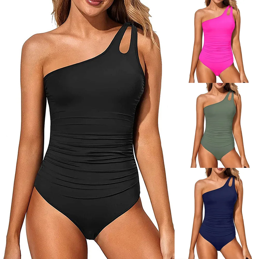 2026 New Women's One-Piece Swimsuit Pure Color Single Shoulder Tight-Fitting Cross-Border New Style Popular Integrated Swimsuit