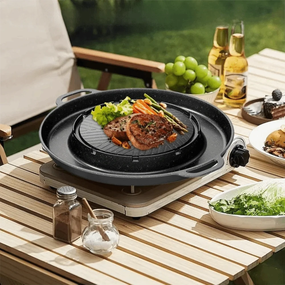 Non-stick Coating Korean Grill Pan Oil-drain Groove Aluminum Alloy Roast Meat Pan Double-handled Round Barbecue Plate Home