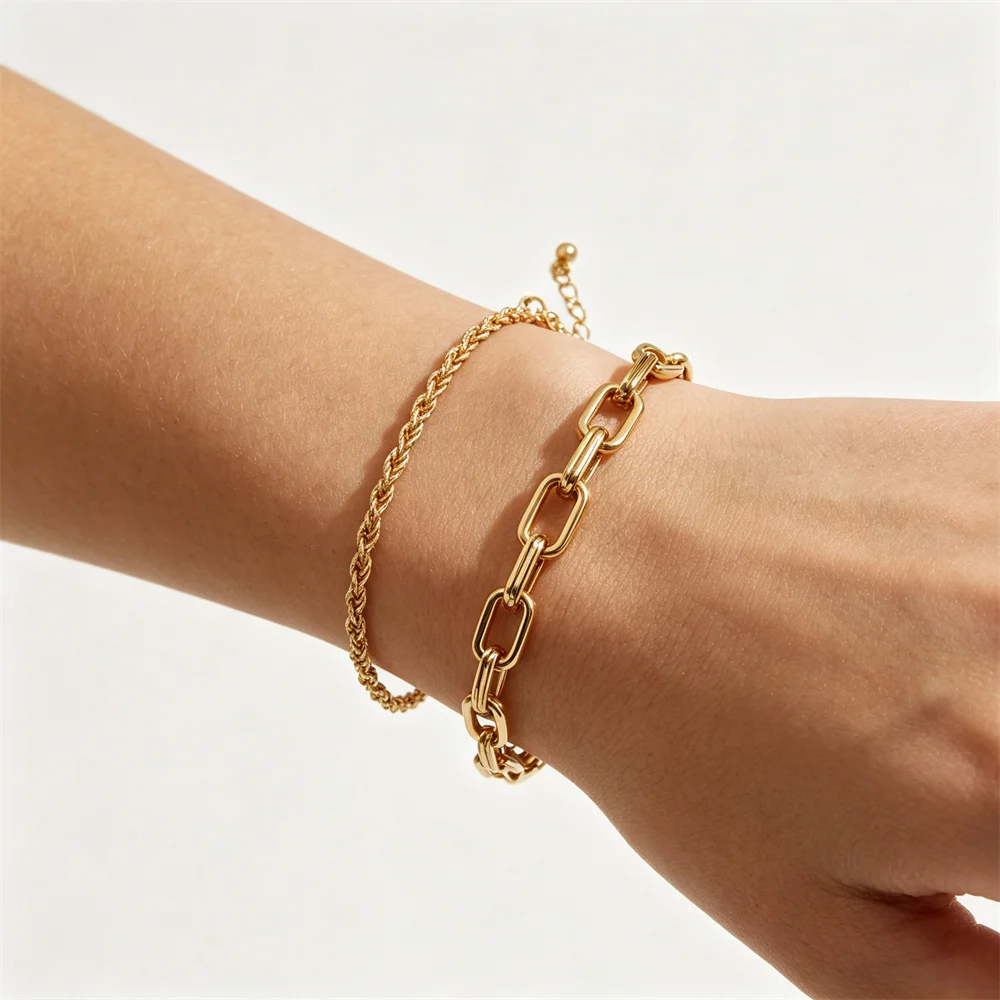 Gold Color Double Chain Bracelet Set Box Chain & Twisted Link Stacking Bracelets Minimalist Everyday Jewelry for Women