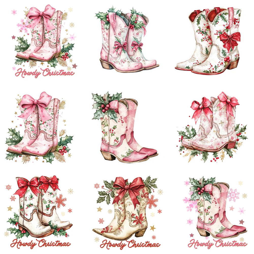 15cm Kids Howdy Christmas Element Boots Cowgirl Iron On Transfer Stickers Diy DTF Heat Transfer Sticker T-shirt Clothes Decals
