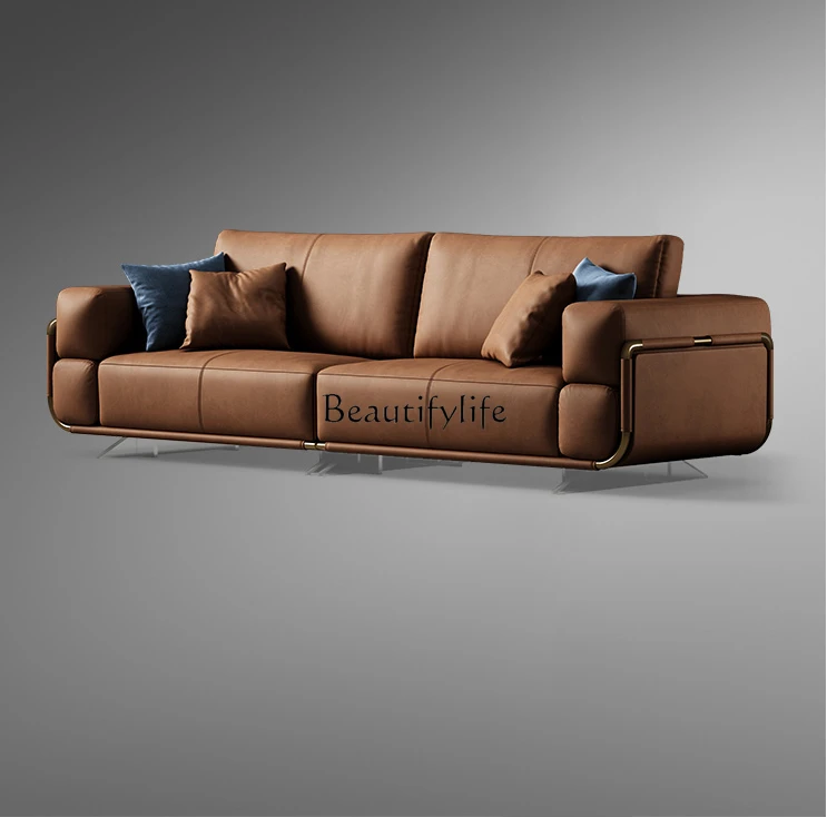 Light Luxury Sofa High-End Horizontal Hall First Layer Cowhide Straight Row Leather Art Caramel Sofa