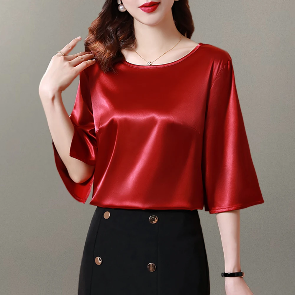 New Summer Loose Satin Shirts Women Vintage Split Sleeve O-Neck Women Blouses Simple Fashion Female Casual Tops Elegant Clothing