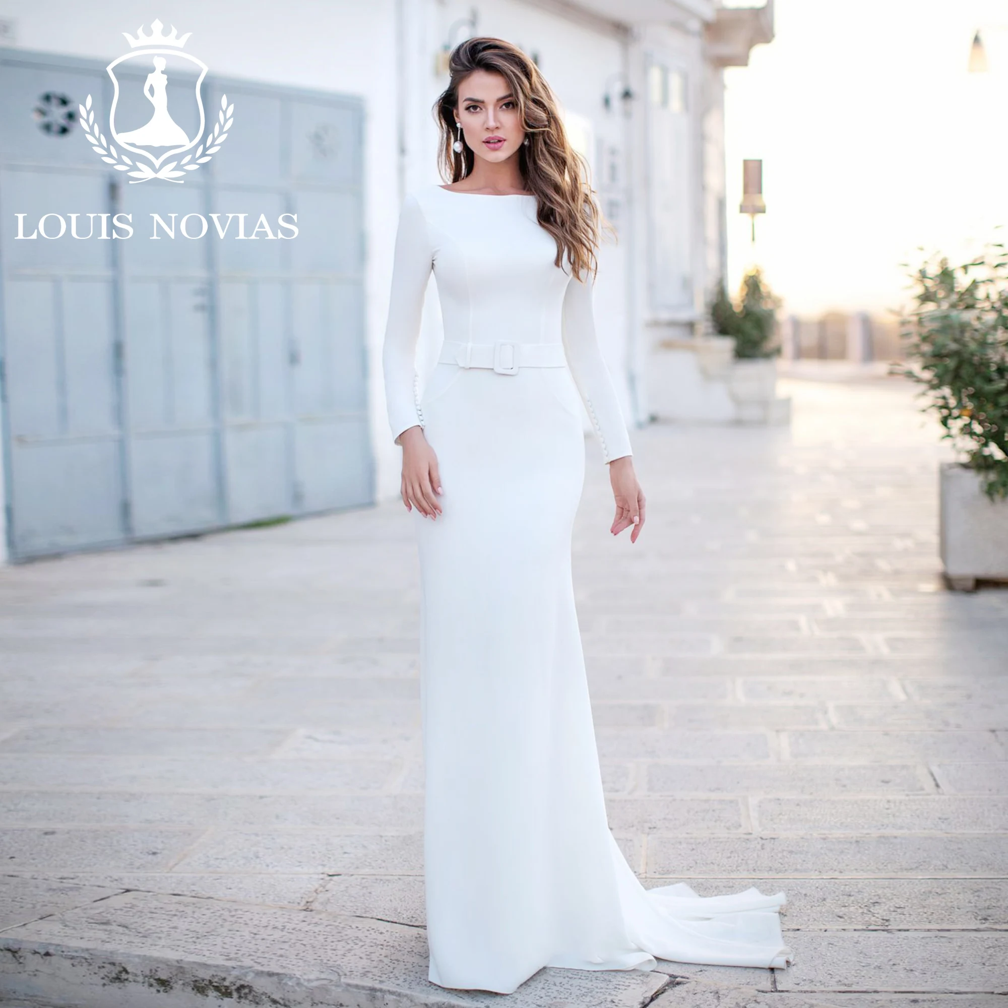 LOUIS NOVIAS Satin Mermaid Wedding Dress For Women Elegant Long Sleeve SCOOP Backless Wedding Gown Vestidos Elegantes Para Mujer