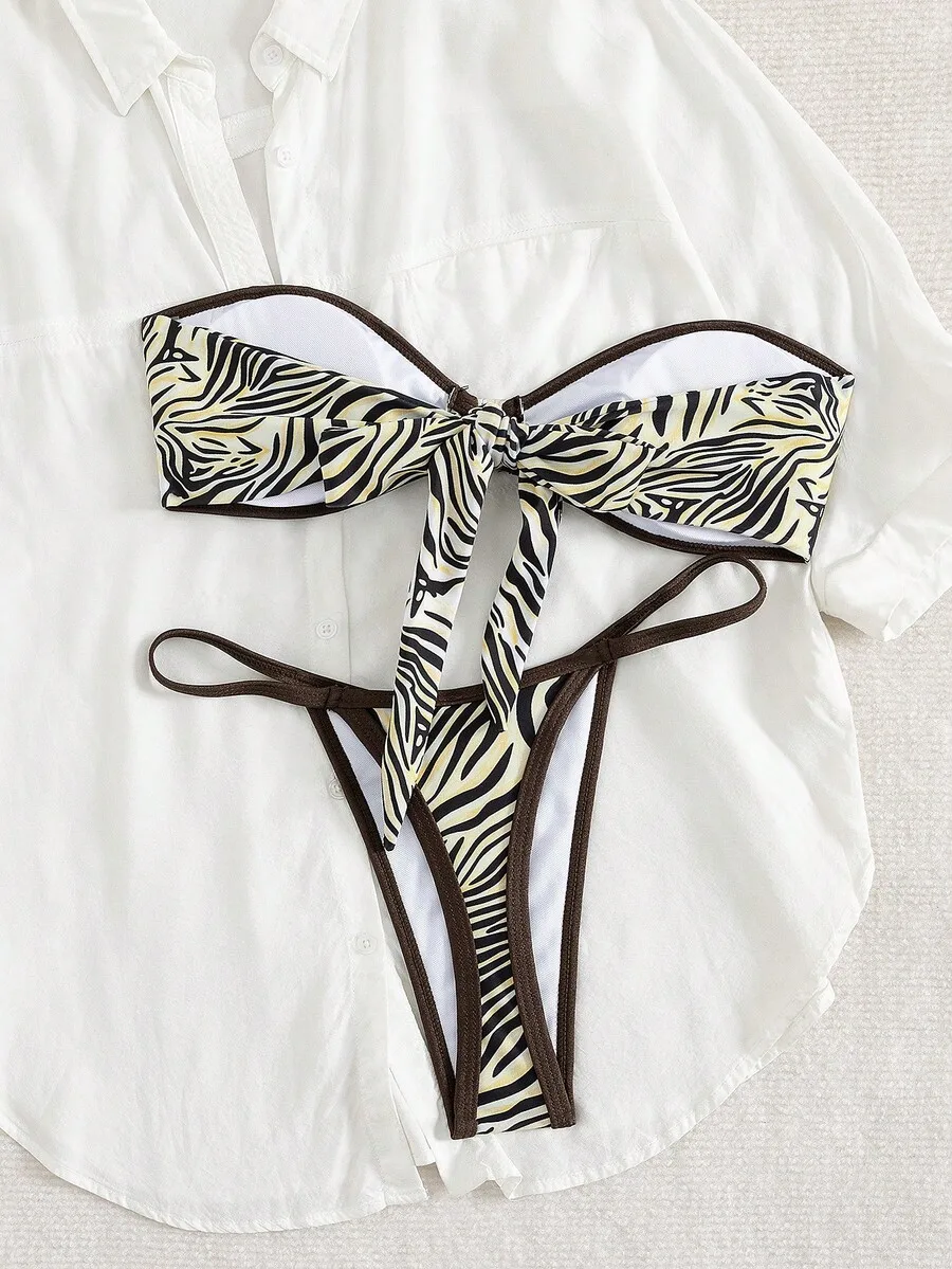 

Zebra Print Bandeau Bikini Set Women Summer Beach Swimsuit