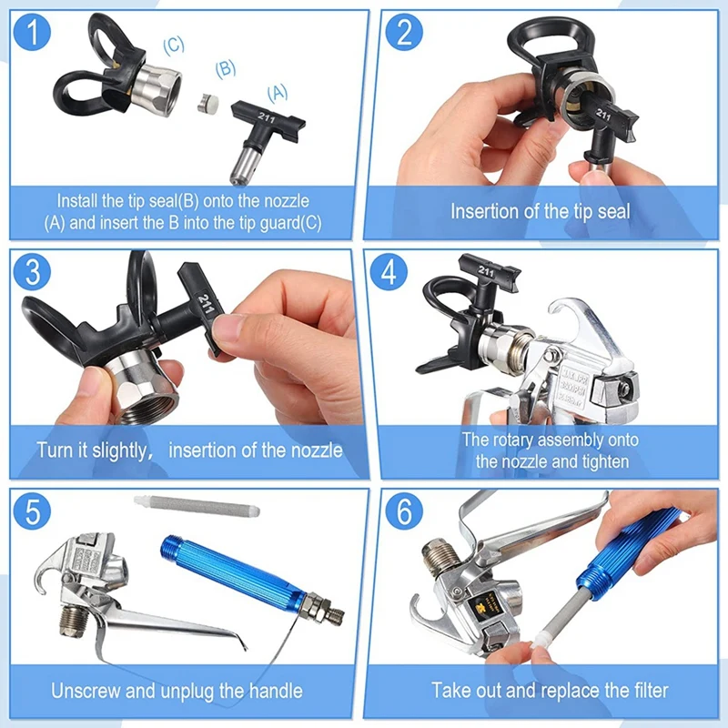 ABRE-12PCS Безвоздушный распылитель краски с защитой сопла 5 насадок для распыления и 5 безвоздушным фильтром для распыления краски для безвоздушного распыления
