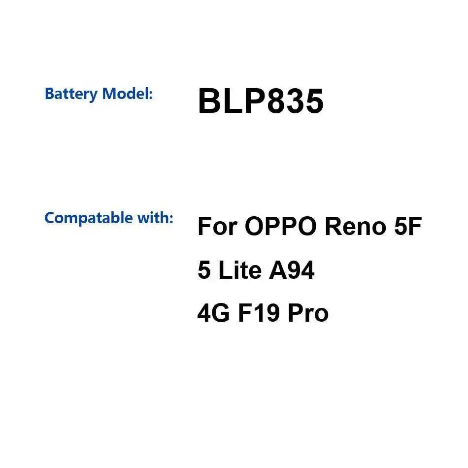 

BLP835 Батарея мобильного телефона Надежная замена 4310 мАч для Oppo Reno 5F 5 Lite A94 4G F19 Pro