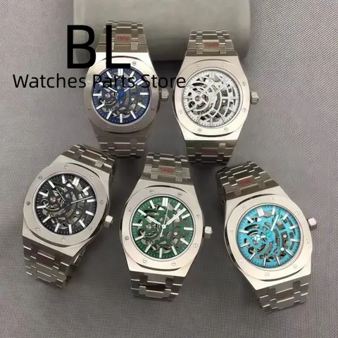 BLIGER 41mm 실버 블랙 로즈 스켈레톤 남성용 NH70 자동 시계 사파이어 크리스탈 방수 녹색 빛나는 속이 빈 다이얼