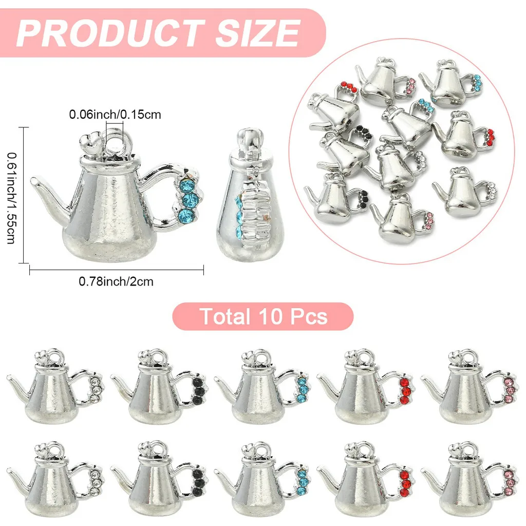 10Pcs Rack Plating Alloy Rhinestone Teapot Pendants, 5 Colors, 2Pcs/Color, Mixed Color, for DIY Keychain Jewelry Making