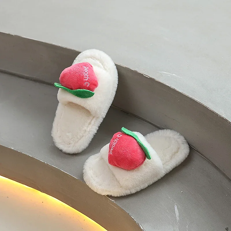 

Winter Girls Fashion Fruit Slippers New Indoor Kids Causal Cute Cotton Flat Slippers Warm Furry Children's Home Plush Slippers