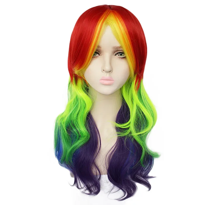 qq023Rainbow Color Long Curly Wavy Synthetic Costume For Halloween Party Harajuku Style Cosplay Wig